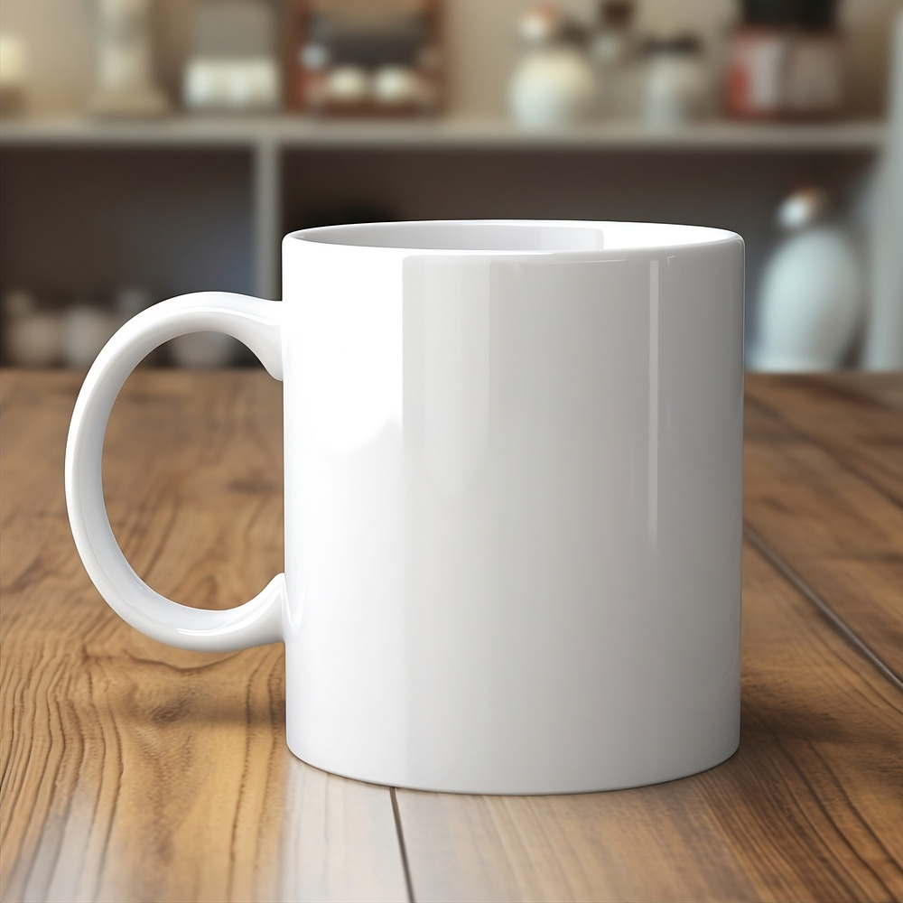 Blank white mug on a wooden table with no additional design