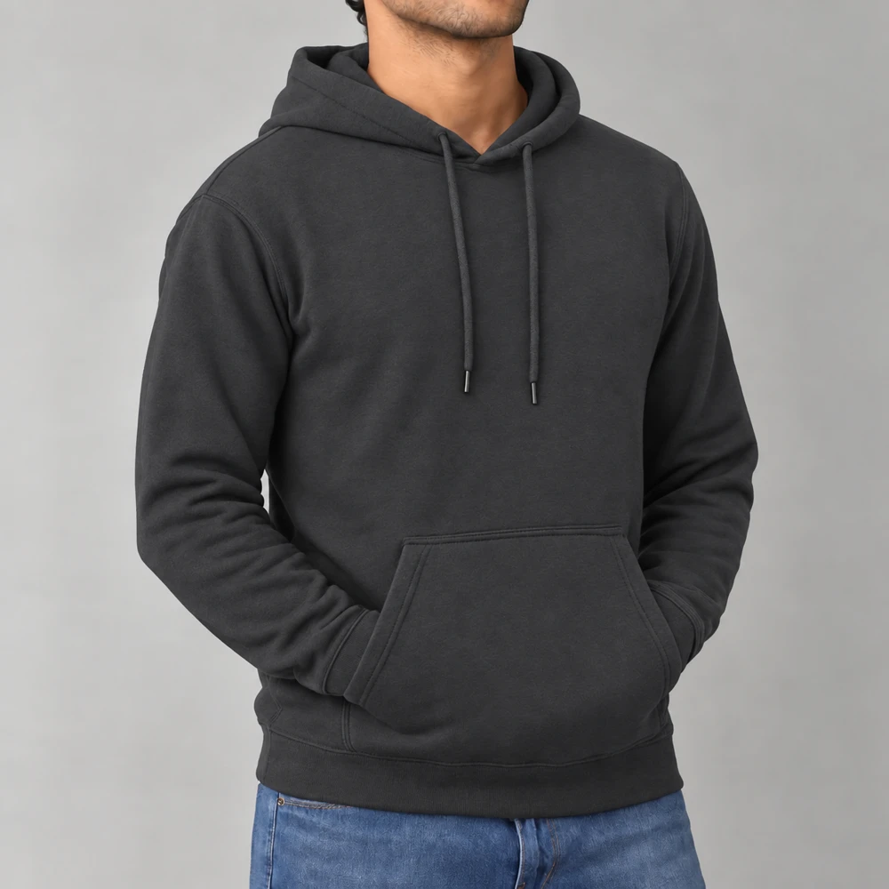 Blank hoodie charcoal on a model