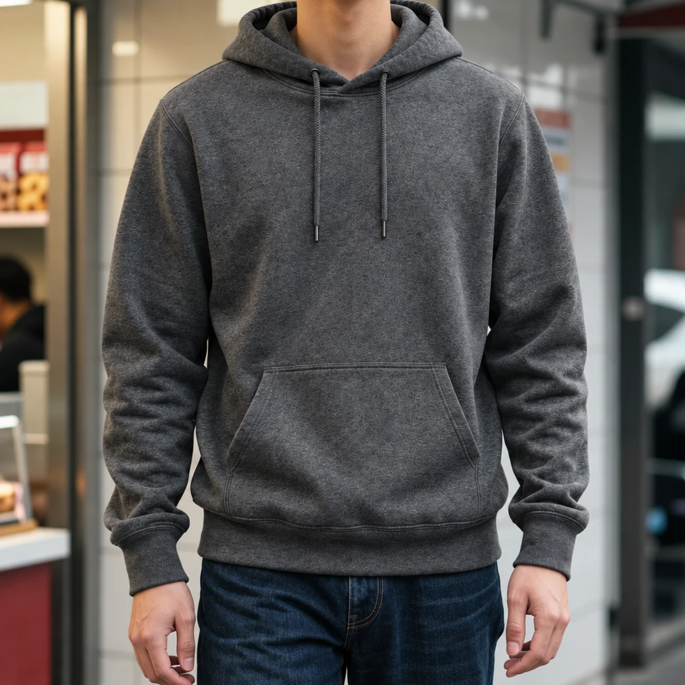 Blank hoodie dark heather on a model