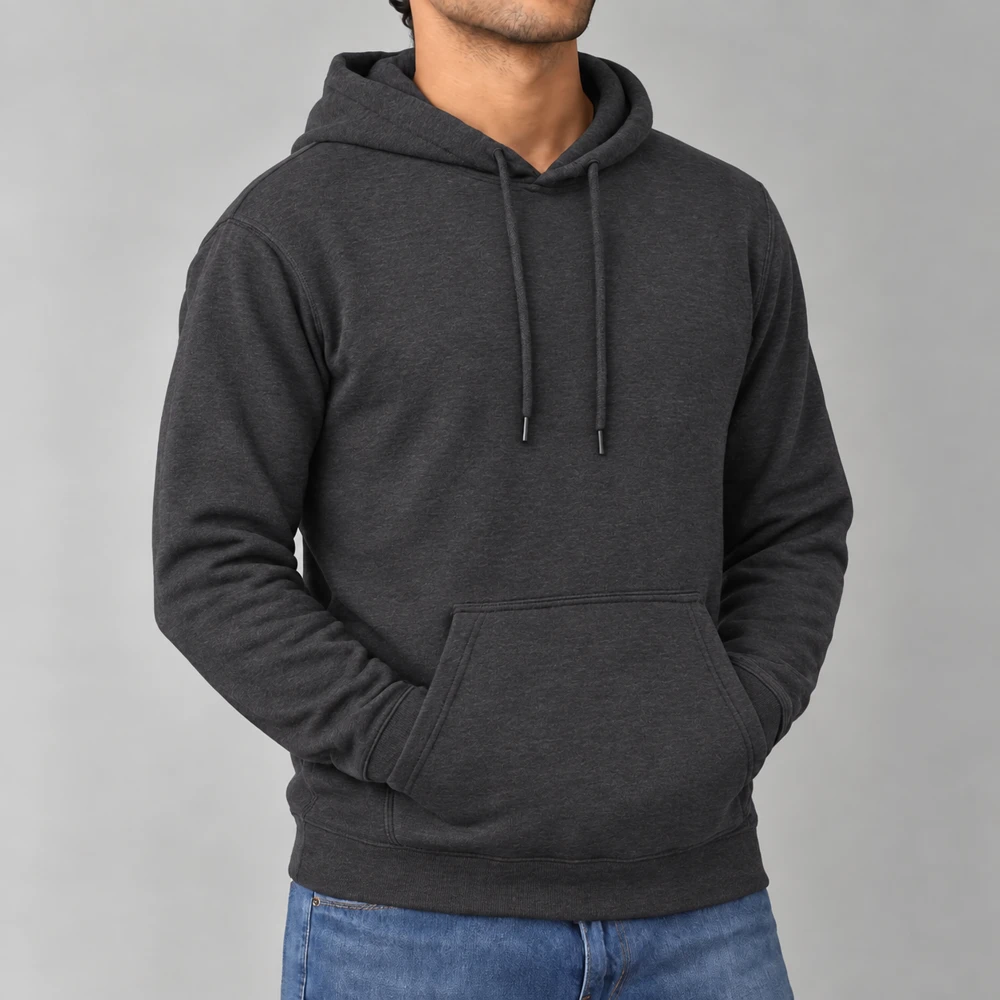 Blank hoodie dark heather on a model
