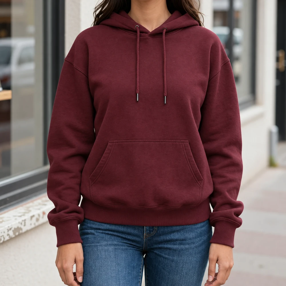 Blank hoodie maroon on a model