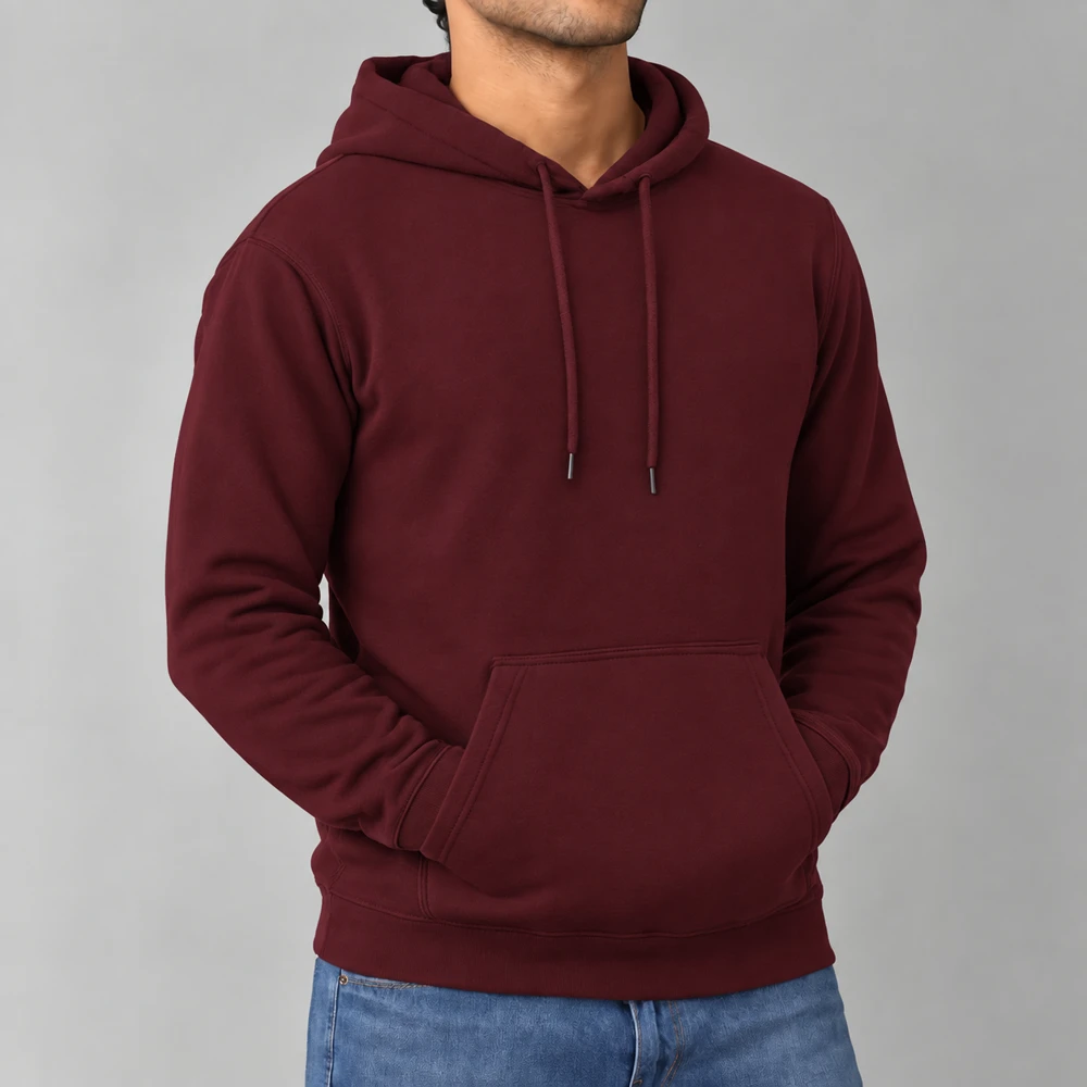 Blank hoodie maroon on a model