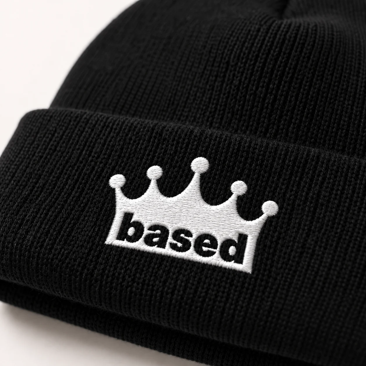 based beanie, embroidery close-up