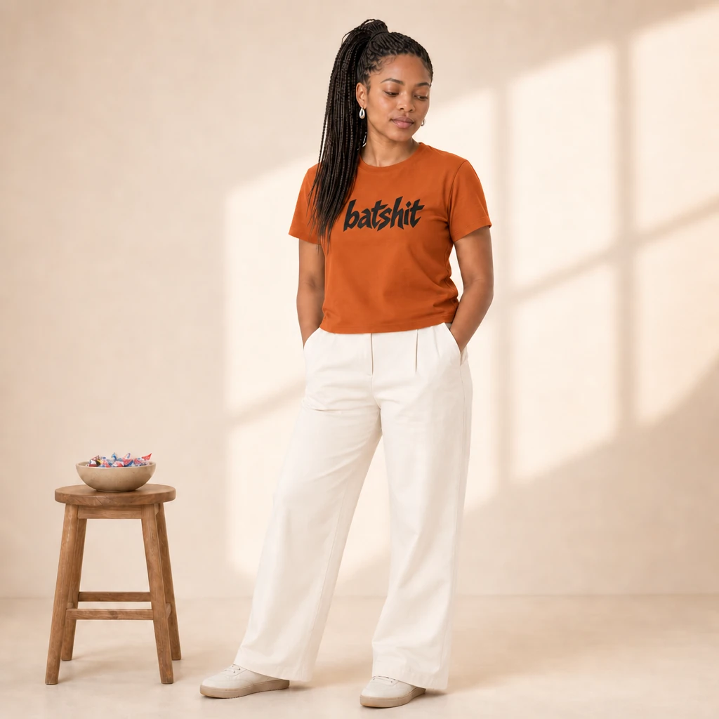 batshit tshirt, worn by a model