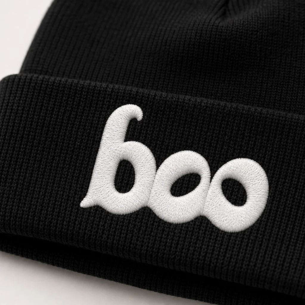 boo beanie, embroidery close-up
