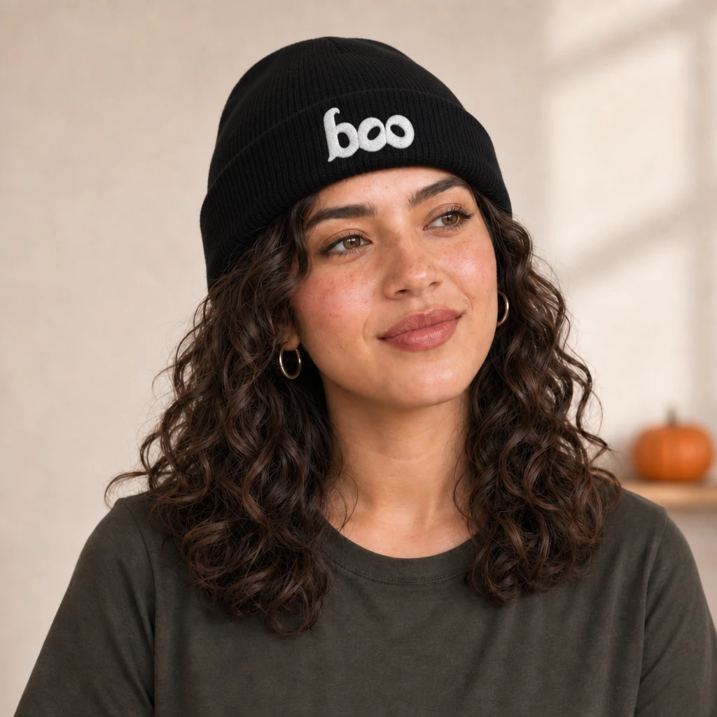 boo beanie, worn by a model