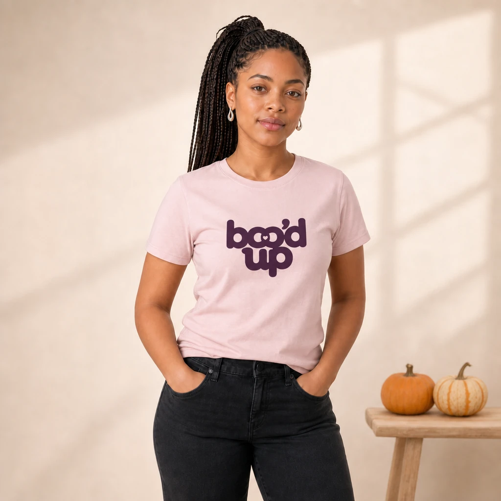 boo'd up tshirt, worn by a model