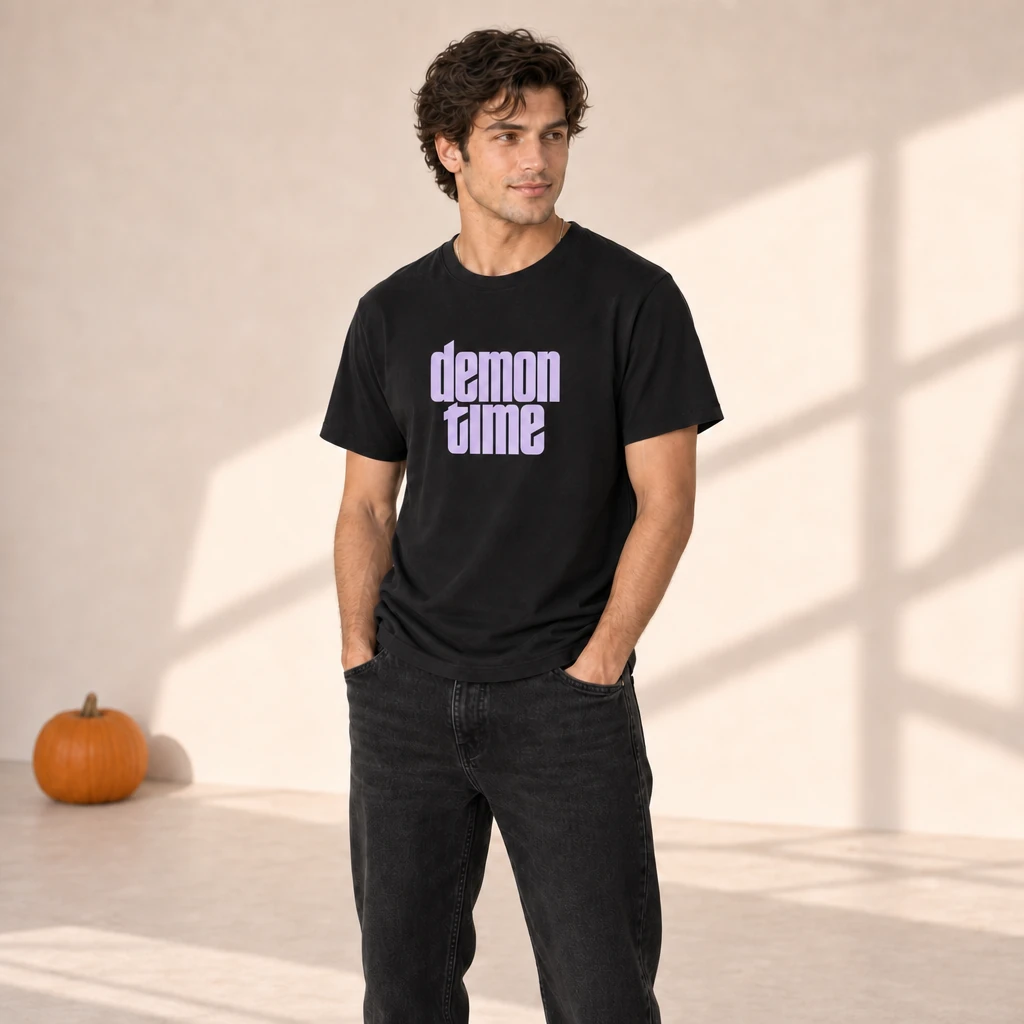 demon time tshirt, worn by a model
