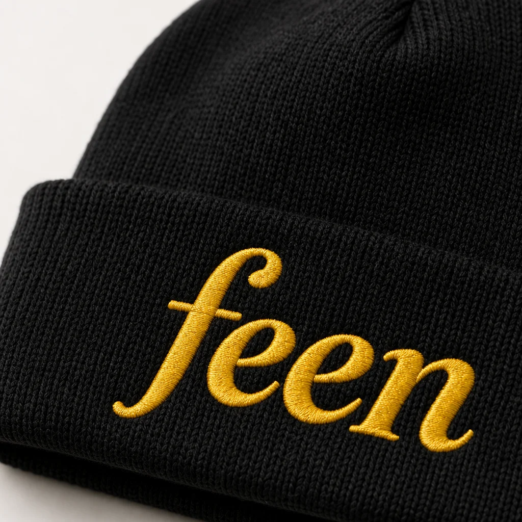 feen beanie, embroidery close-up