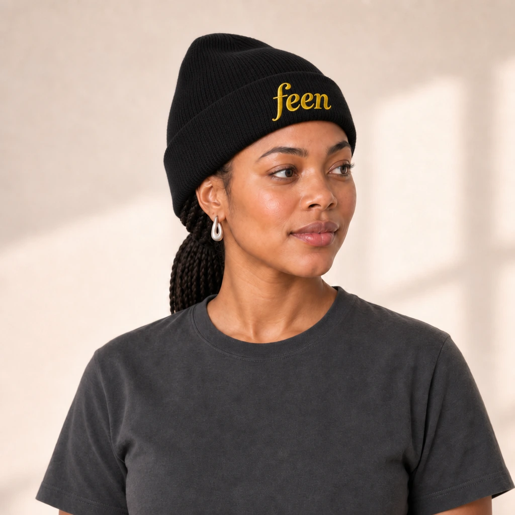 feen beanie, worn by a model