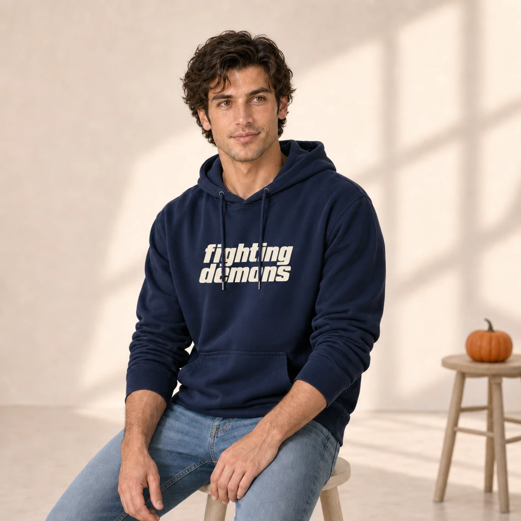 fighting demons hoodie, worn by a model