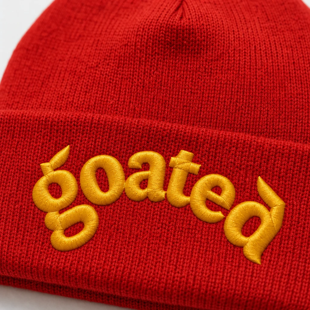 goated beanie, embroidery close-up