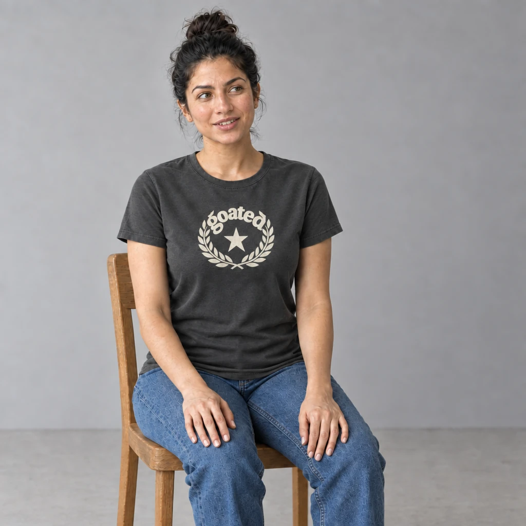 goated tshirt, worn by a model