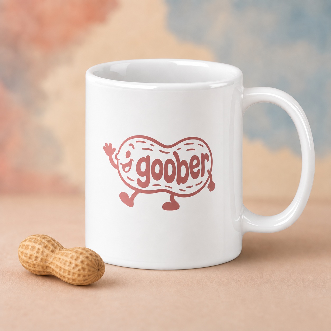 goober mug, on a table