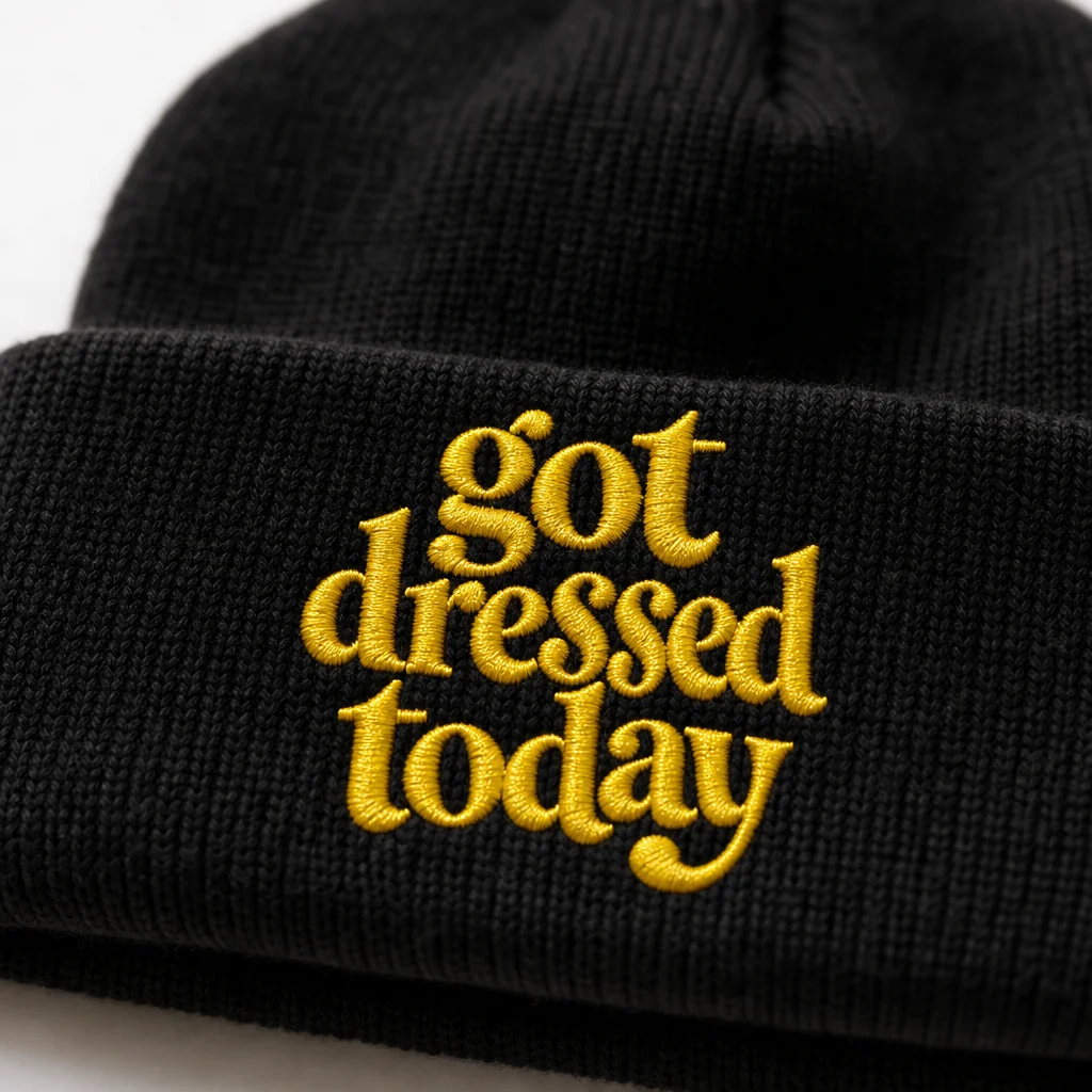 got dressed today beanie, embroidery close-up