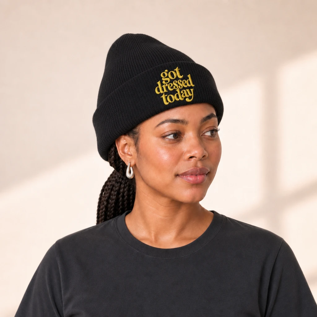 got dressed today beanie, worn by a model