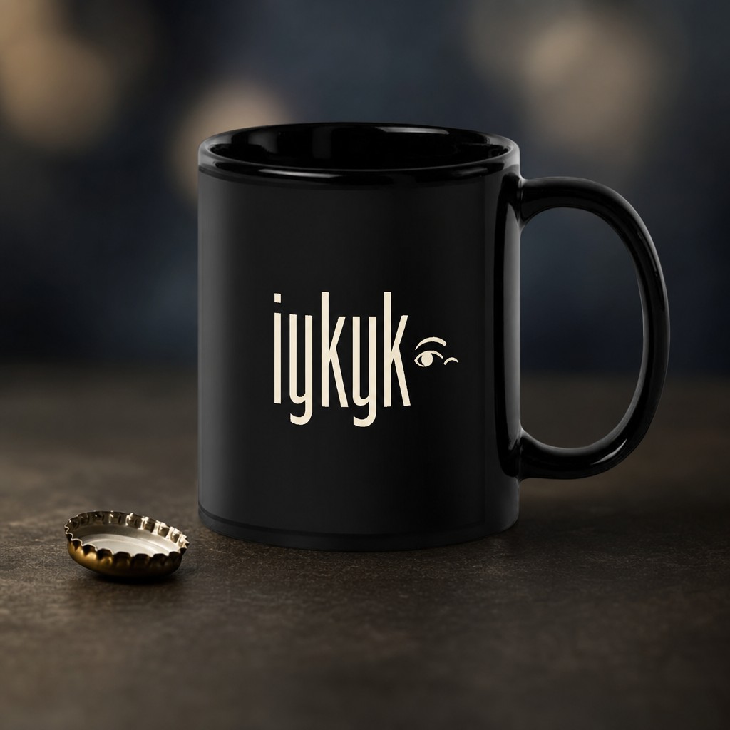 iykyk mug, on a table