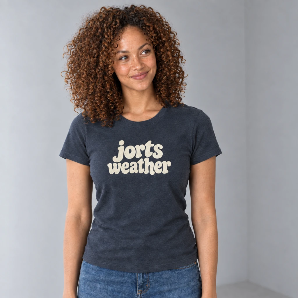 jorts weather tshirt, worn by a model