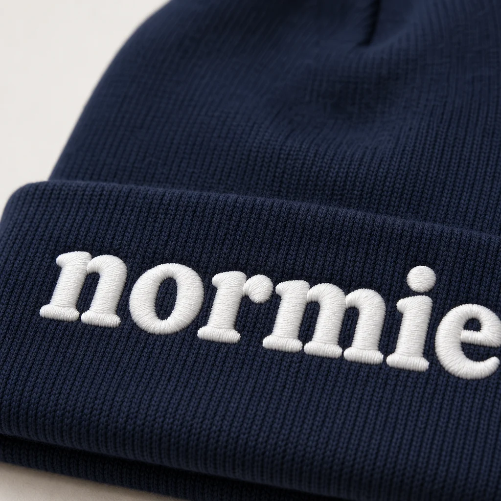 normie beanie, embroidery close-up