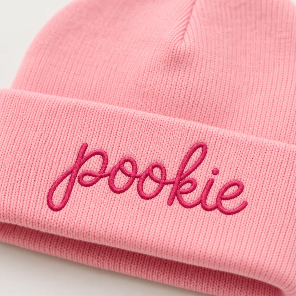pookie beanie, embroidery close-up