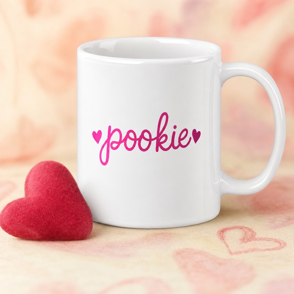 pookie mug, on a table