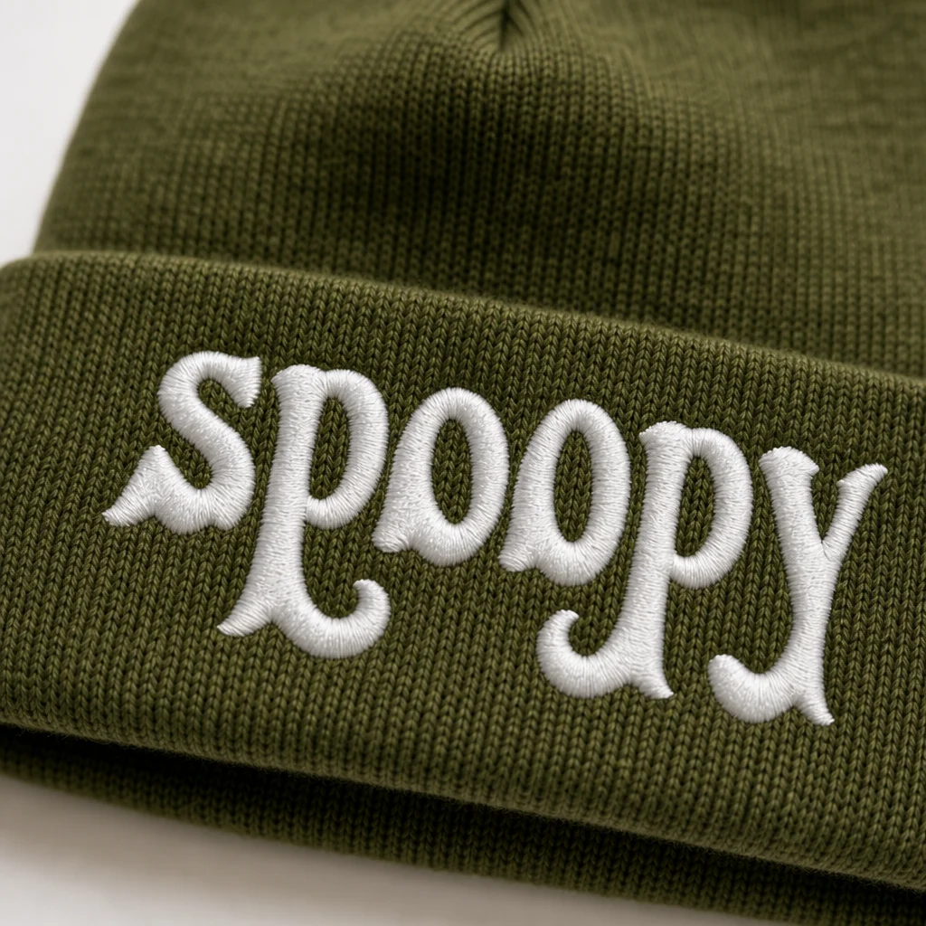 spoopy beanie, embroidery close-up