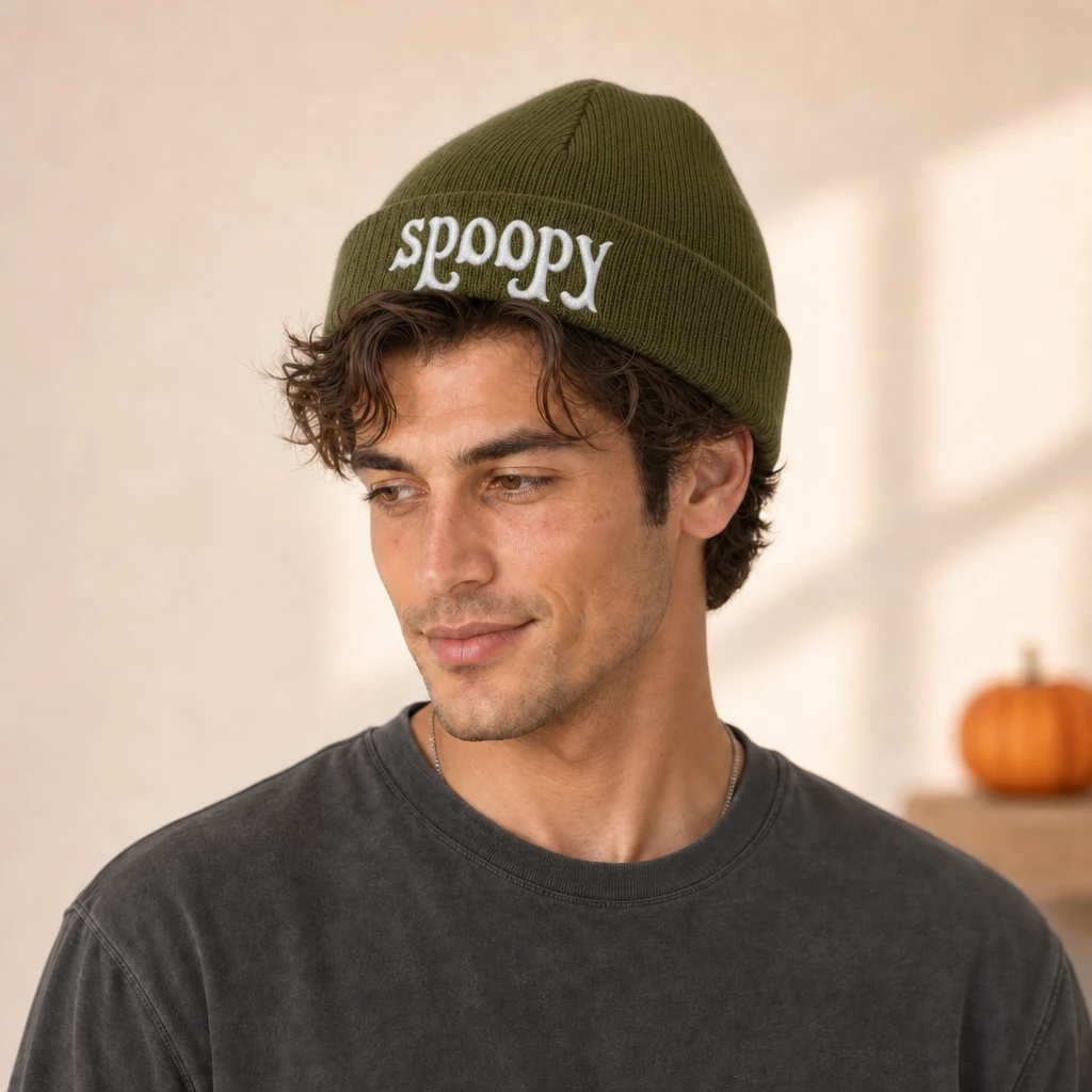 spoopy beanie, worn by a model