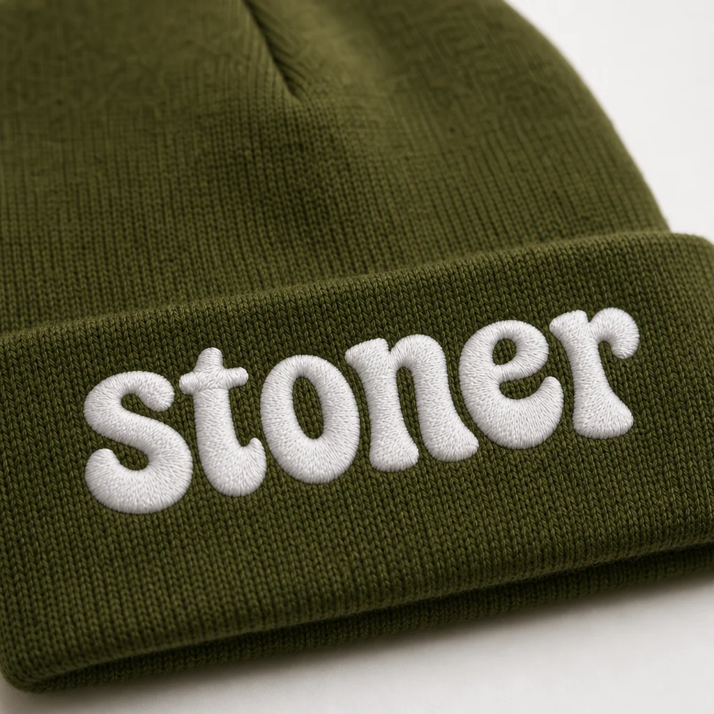 stoner beanie, embroidery close-up