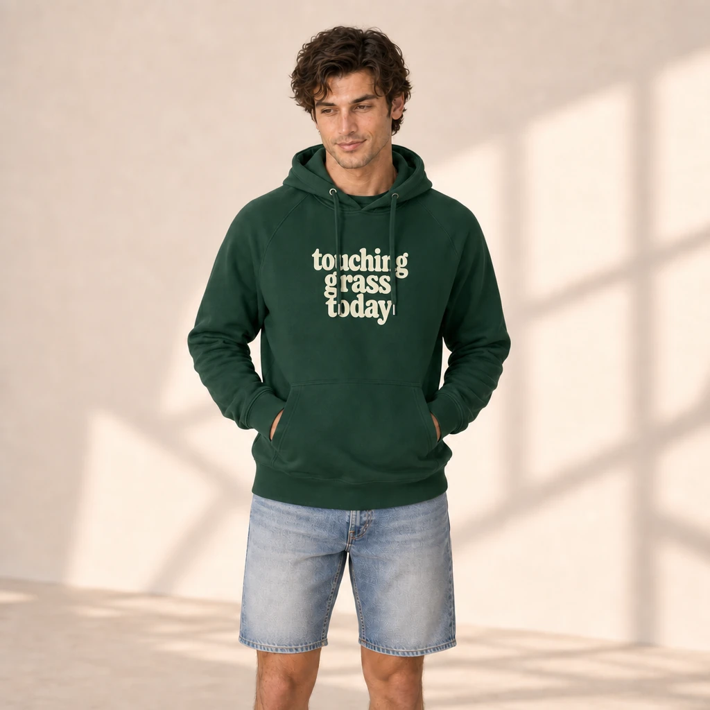 touching grass today hoodie, worn by a model