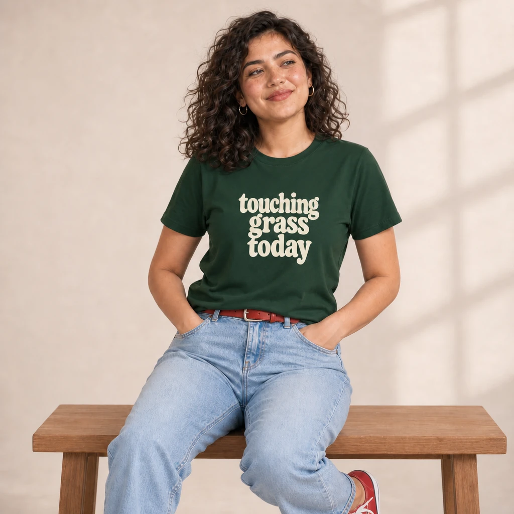 touching grass today tshirt, worn by a model