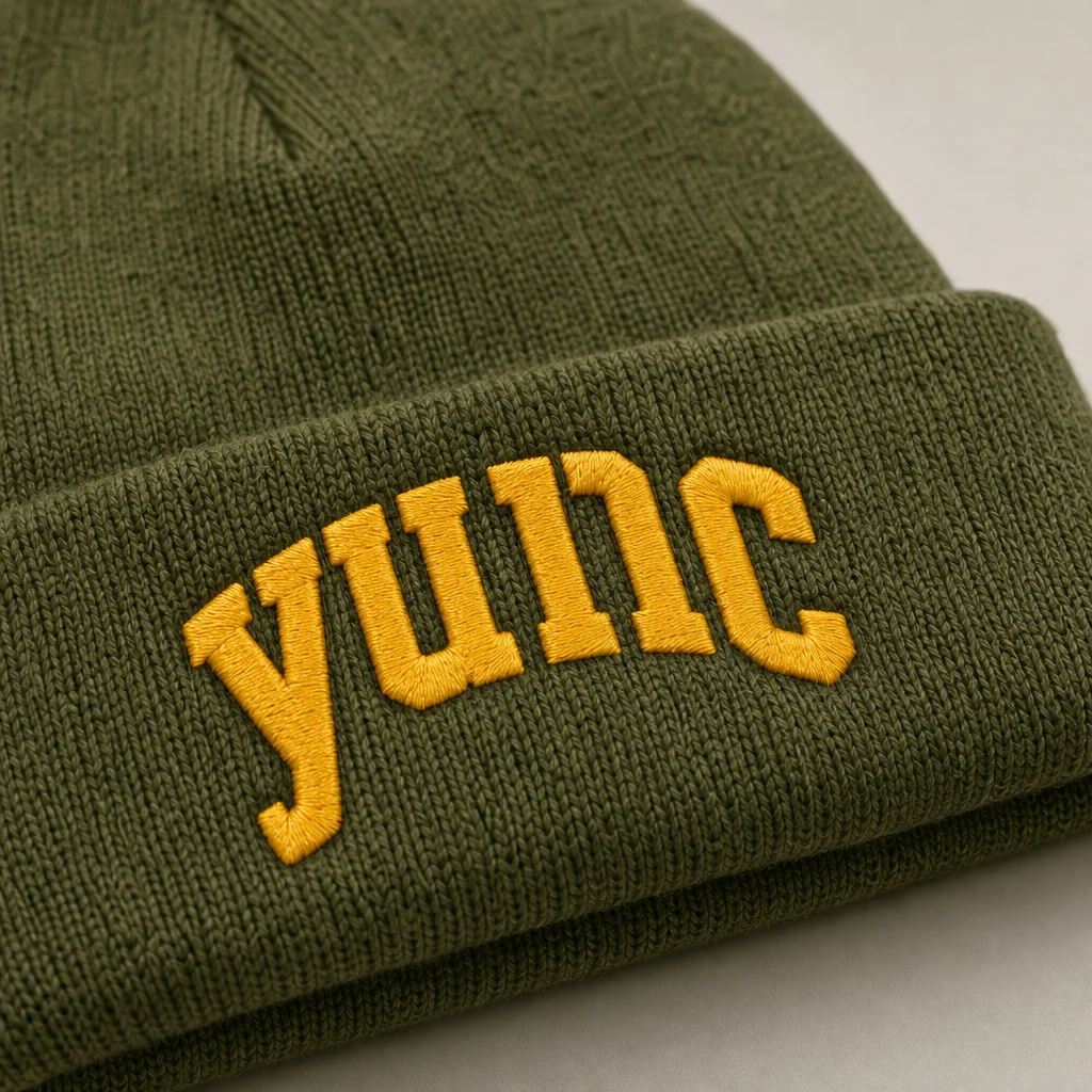 yunc beanie, embroidery close-up