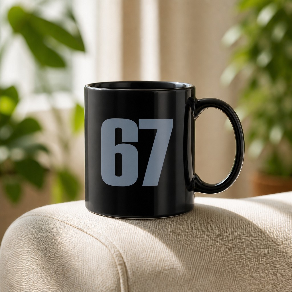 67 mug, on a table