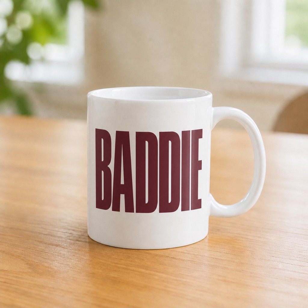baddie mug, on a table