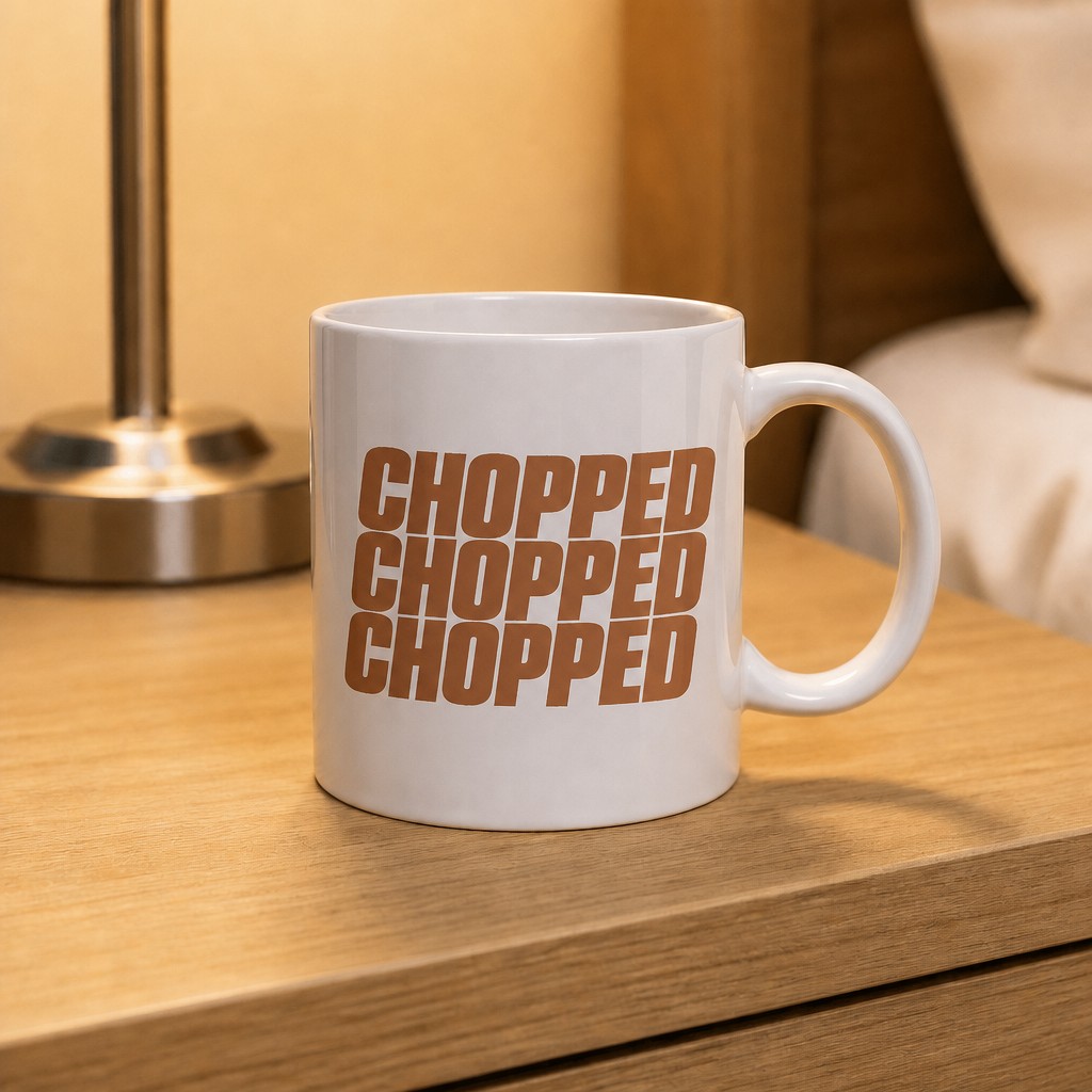 chopped mug, on a table