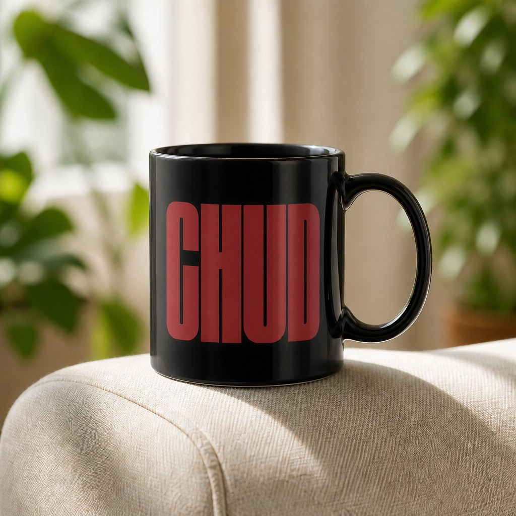 chud mug, on a table