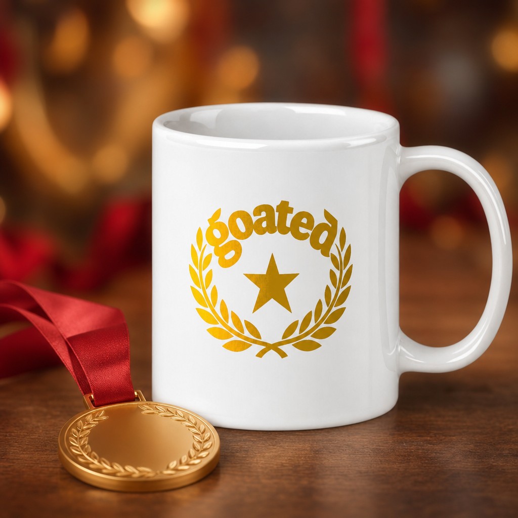 goated mug, on a table