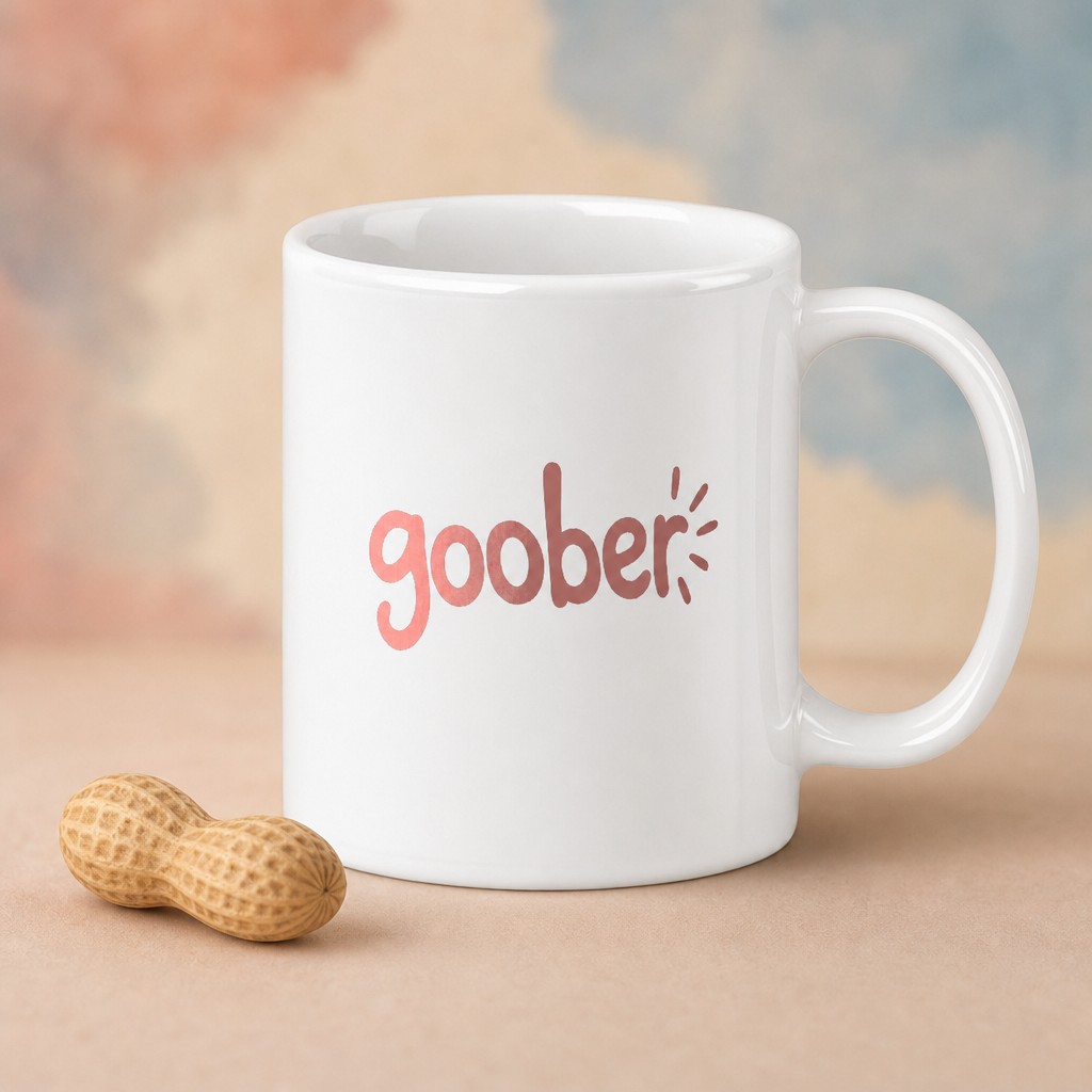 goober mug, on a table