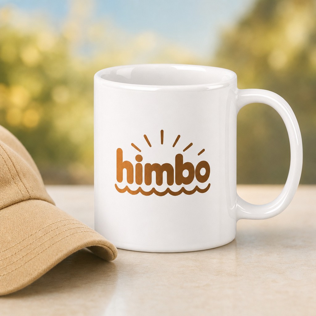 himbo mug, on a table