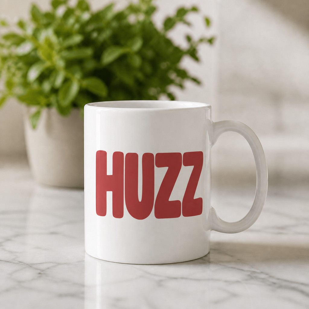 huzz mug, on a table