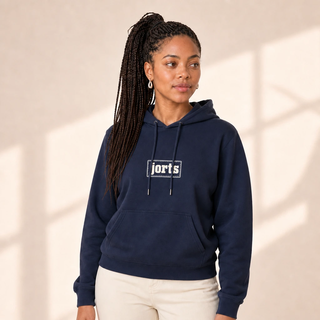 jorts hoodie, worn by a model