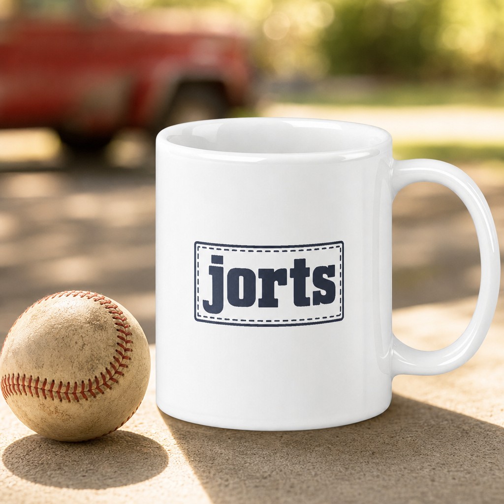jorts mug, on a table