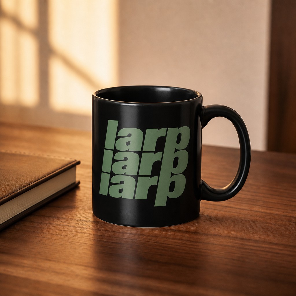 larp mug, on a table