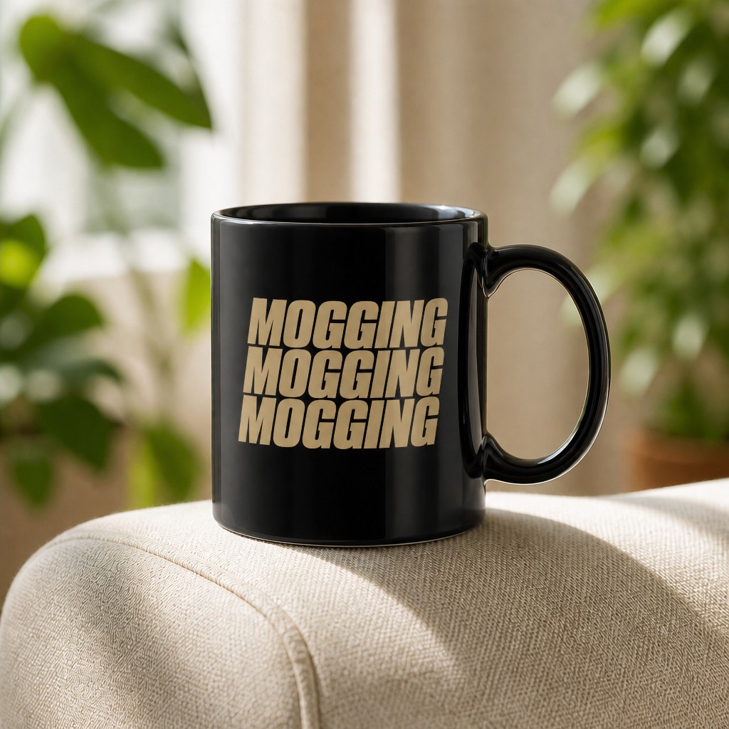 mogging mug, on a table