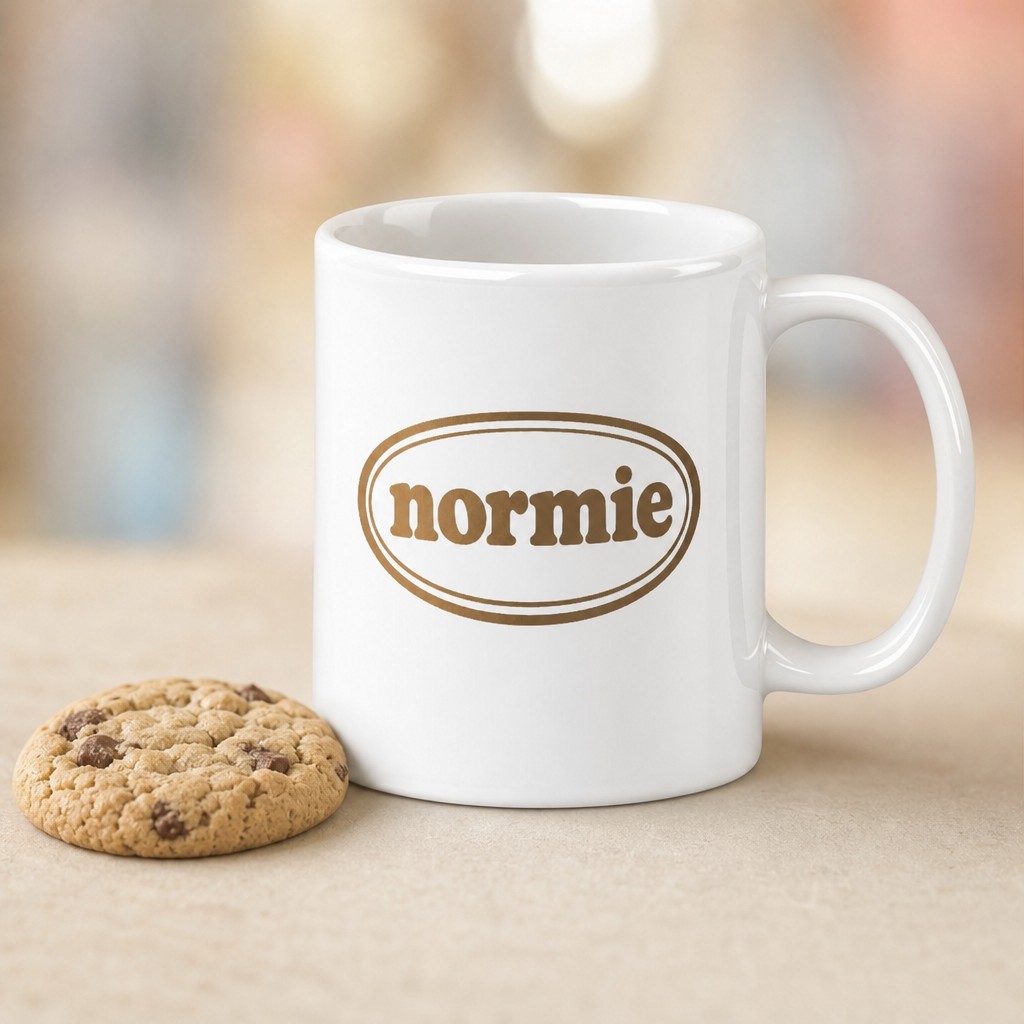 normie mug, on a table