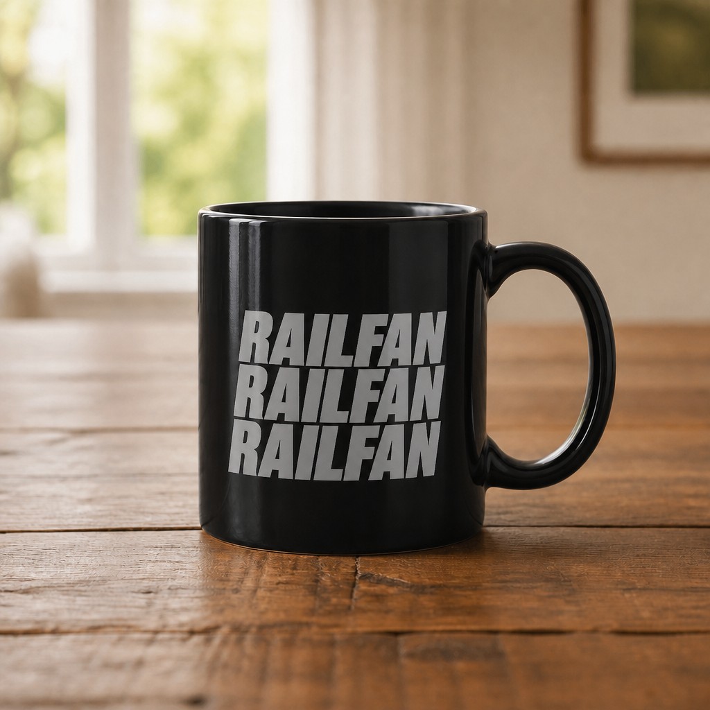 railfan mug, on a table