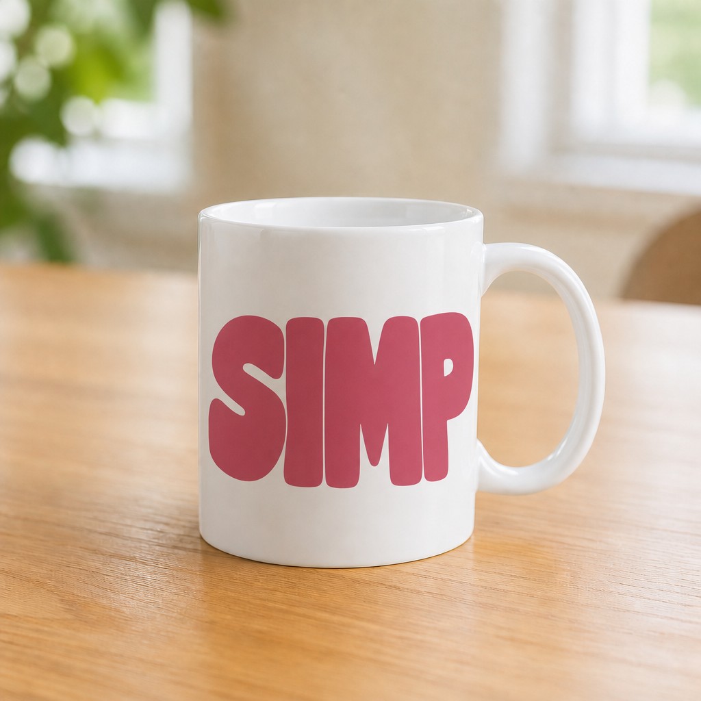 simp mug, on a table