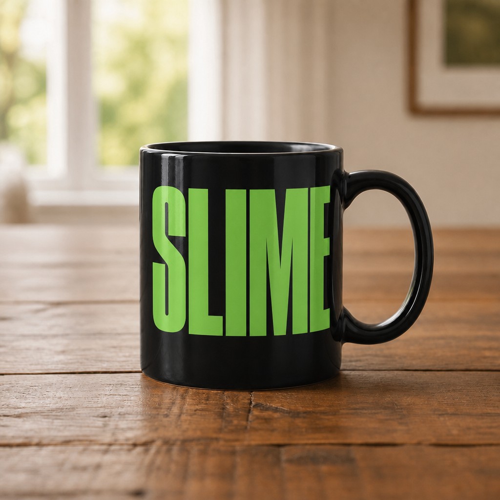 slime mug, on a table