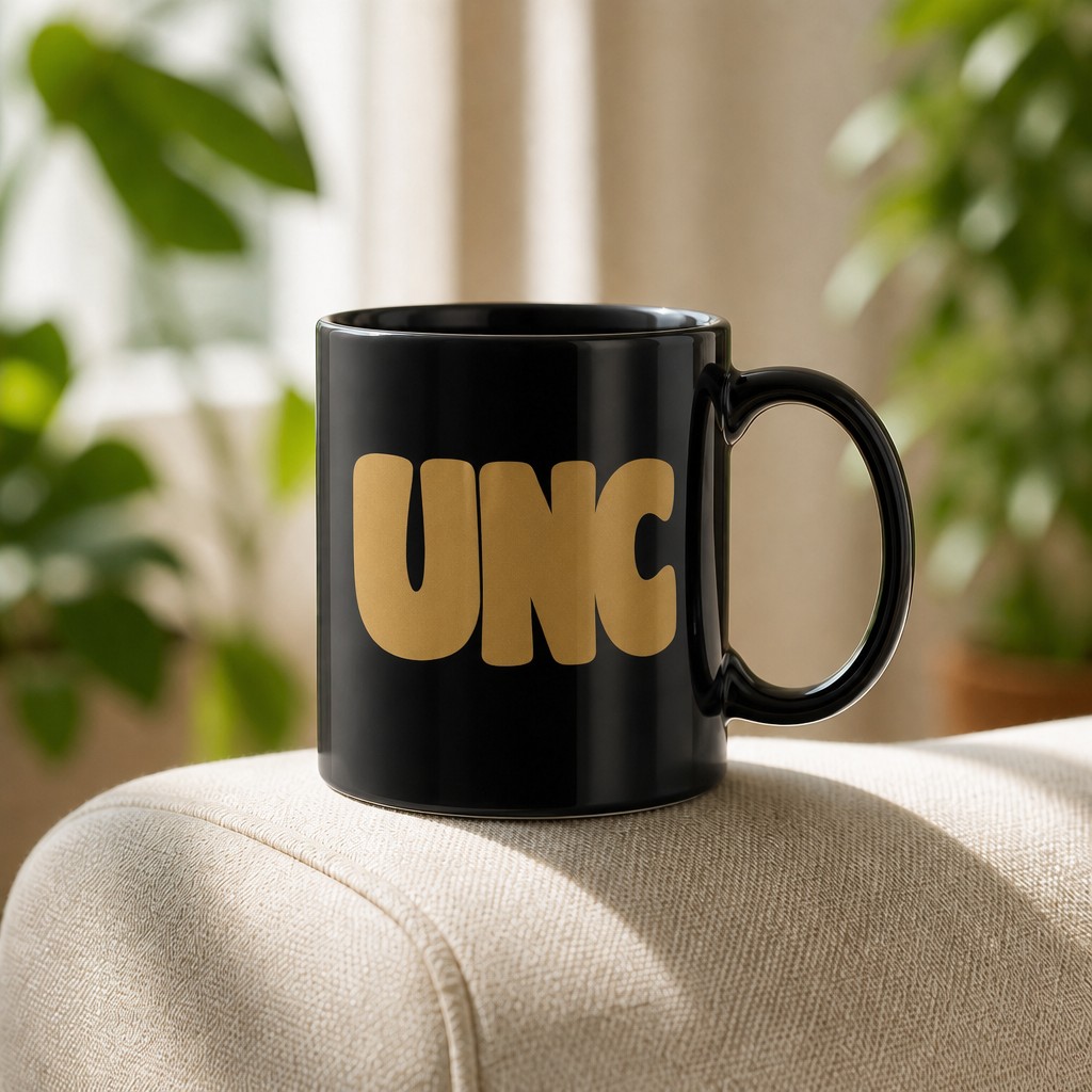 unc mug, on a table