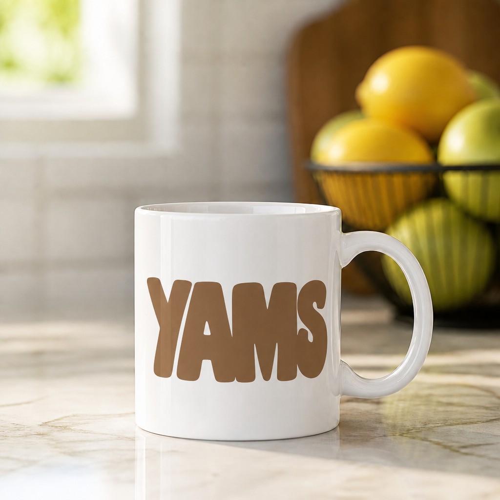 yams mug, on a table
